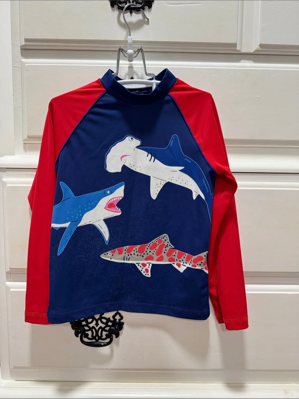 Mini Boden Kids Rash Guard Swim Shirt - Navy & Red Sharks and shorts set